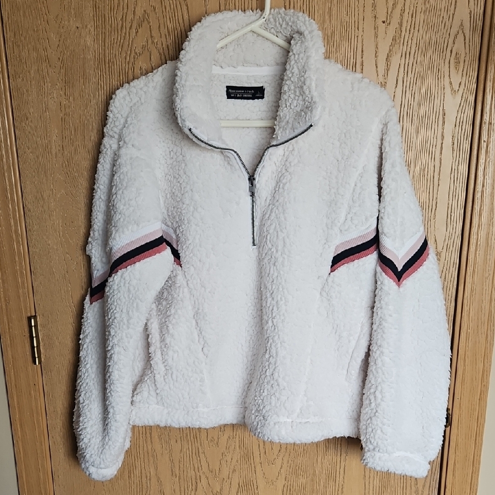 Abercrombie & Fitch White Sherpa Pullover with Pink and Black Stripes